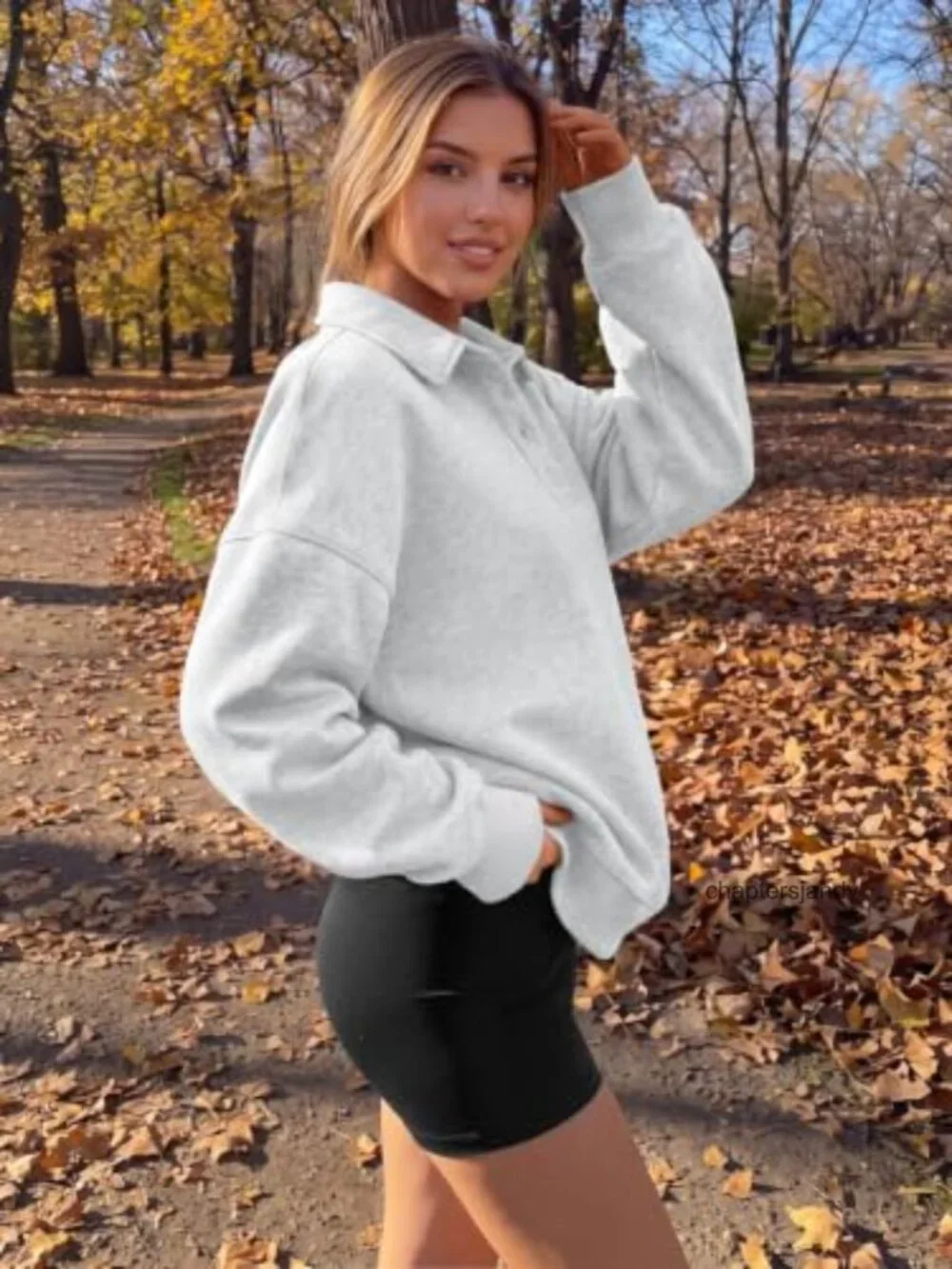 Oversized Fleece Sweatshirt Polo Collar Quarter Button Pullover Women